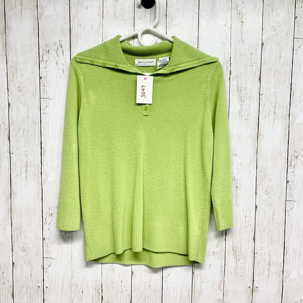 Vintage White Stag Sweater Women Sz Small Green Collared Button Front 3/4 Sleeve